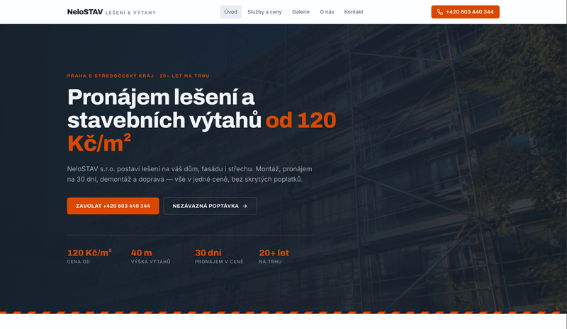 Ukázka webu NeloSTAV s.r.o. – Půjčovna lešení