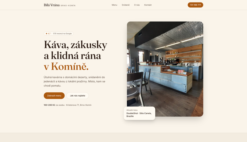 Ukázka webu Bílá Vrána - brzy spustíme – Kavárna v Brně